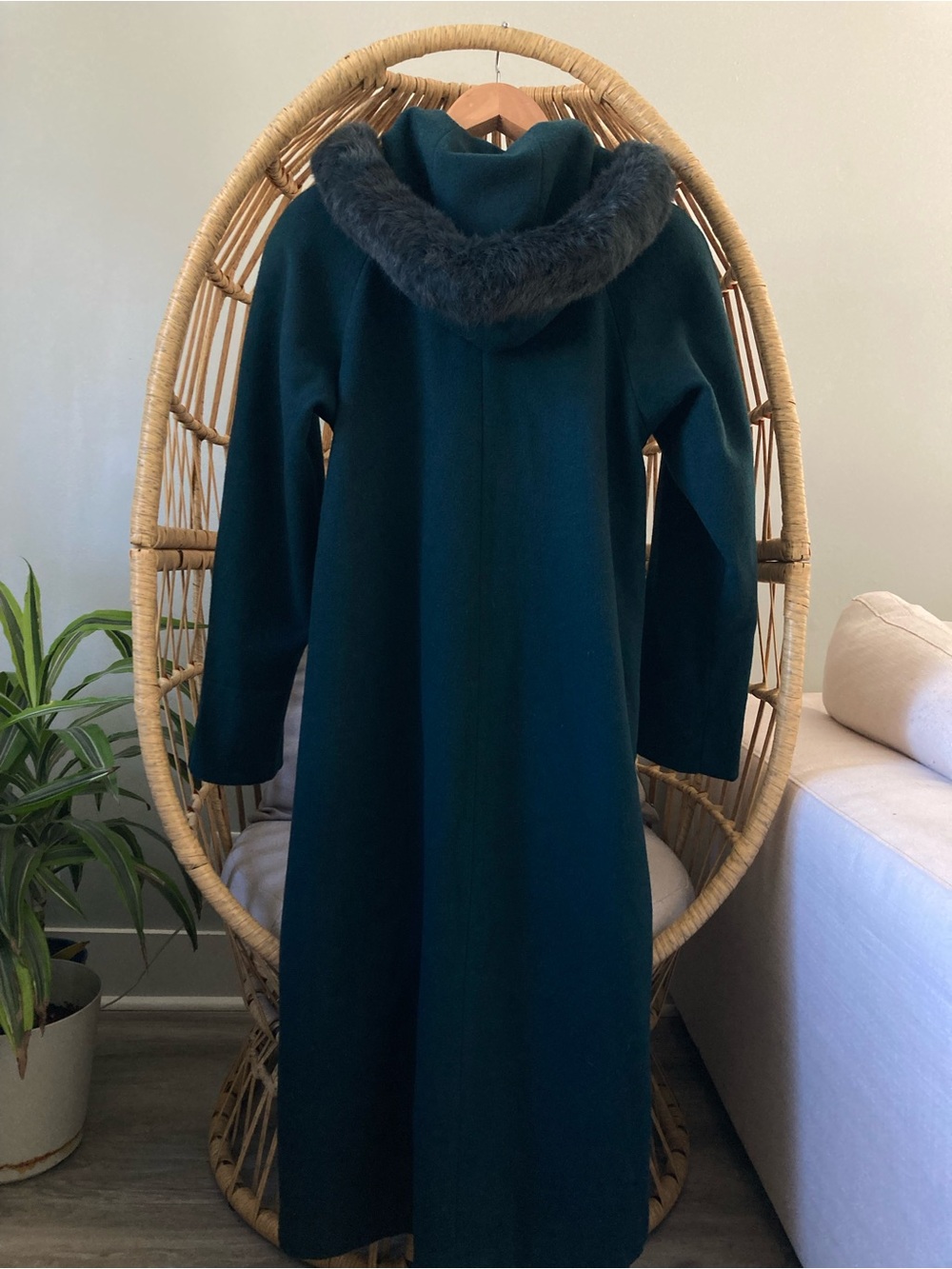 Vintage Donnybrook 100% Wool Teal Rabbit Fur Hooded Long Winter Coat - Picture 6 of 14